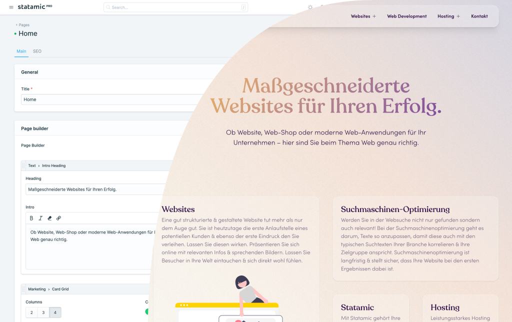Ein Screenshot der aktuellen Website, zusammengeschnitten mit einem Screenshot von Statamic. Es ist ersichtlich, wie sich die Website befüllen lässt.